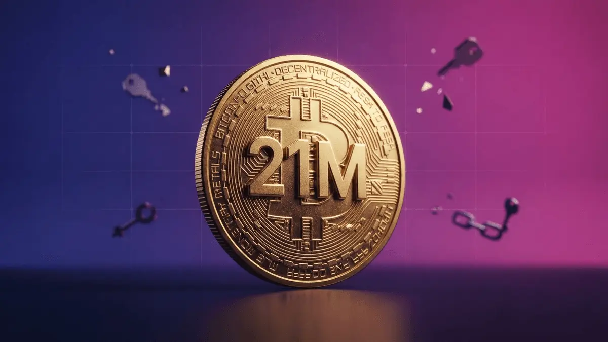 Bitcoin coin with 21M cap symbol on purple-magenta gradient background representing supply limit debate