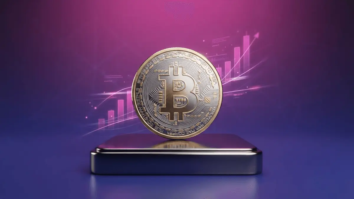 Bitcoin coin on reflective platform with purple-magenta gradient and ascending data visualization elements