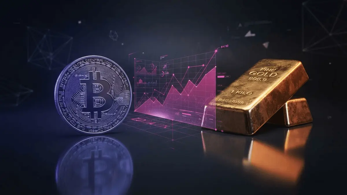 Bitcoin and gold bar in dramatic studio lighting with purple-magenta technical grid overlay