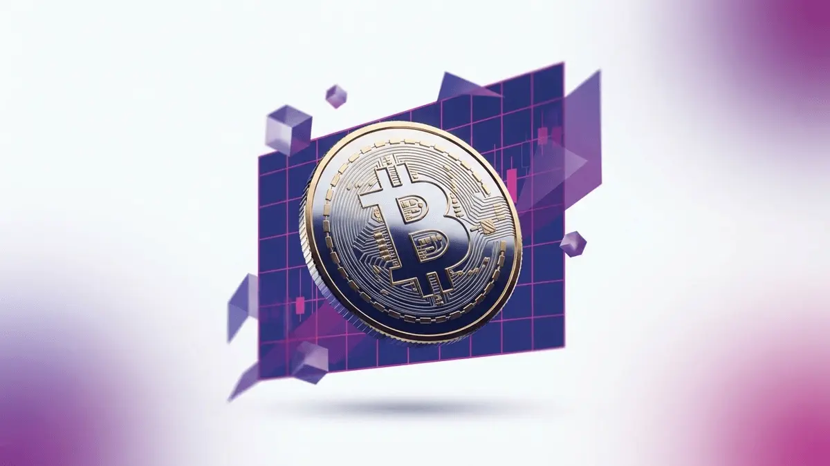 Bitcoin coin with purple gradient grid and technical chart structure in modern crypto dashboard style