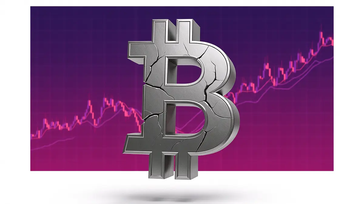 Bitcoin under structural stress with financial grid overlay representing institutional risk analysis