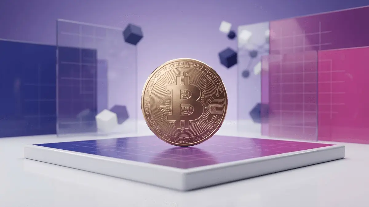Bitcoin coin on gradient purple platform representing Strategy's new BTC market approach