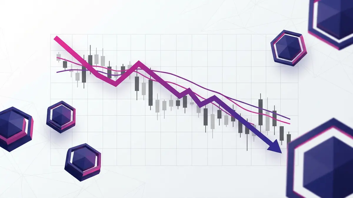 Cardano ADA price chart downtrend visualization with blockchain nodes and purple gradient accents