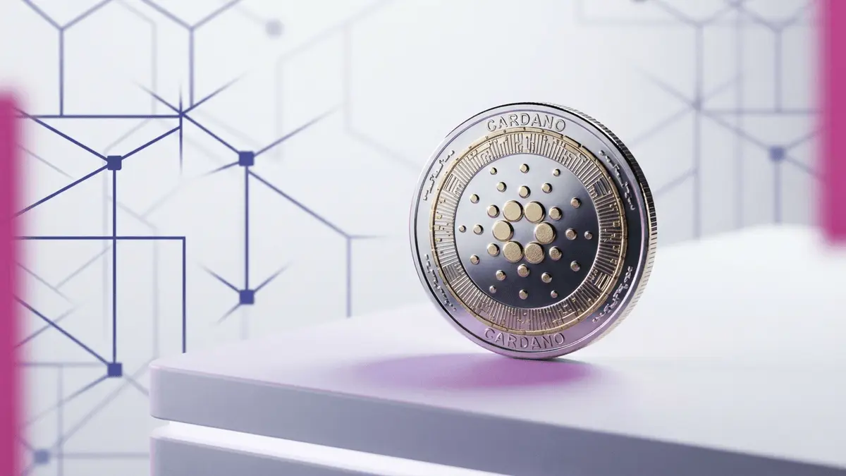 Cardano ADA coin on white platform with purple gradient and blockchain grid overlay