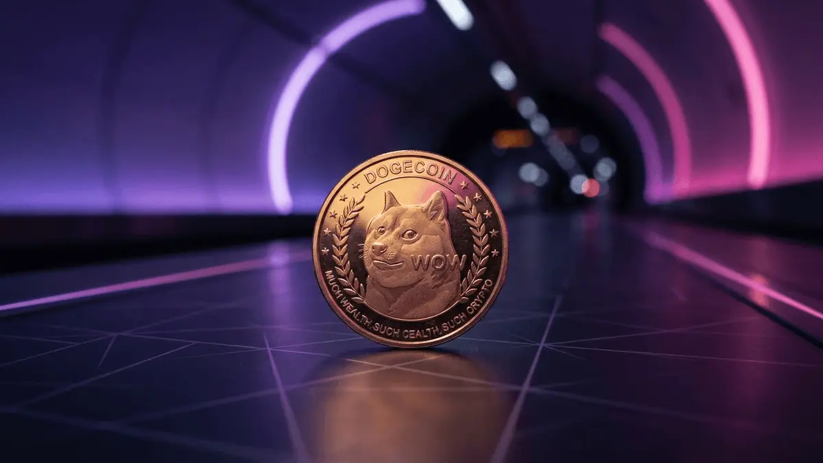 Dogecoin token in futuristic tunnel with purple gradient lighting and modern tech aesthetic