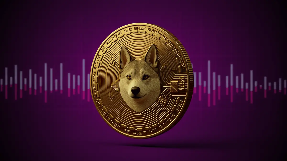 Dogecoin cryptocurrency token with network activity visualization and purple gradient background