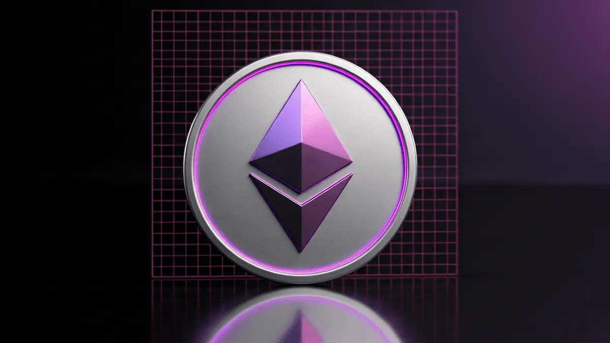 3D Ethereum coin with purple-magenta gradient on reflective surface with technical grid overlay