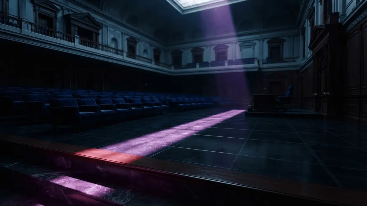 Empty senate chamber with dramatic purple lighting and marble floors symbolizing legislative deadlock