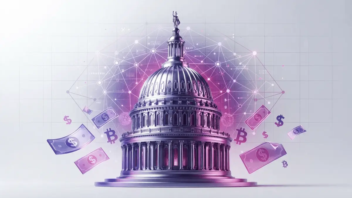 US Capitol dome with blockchain grid and crypto symbols in purple-magenta gradient