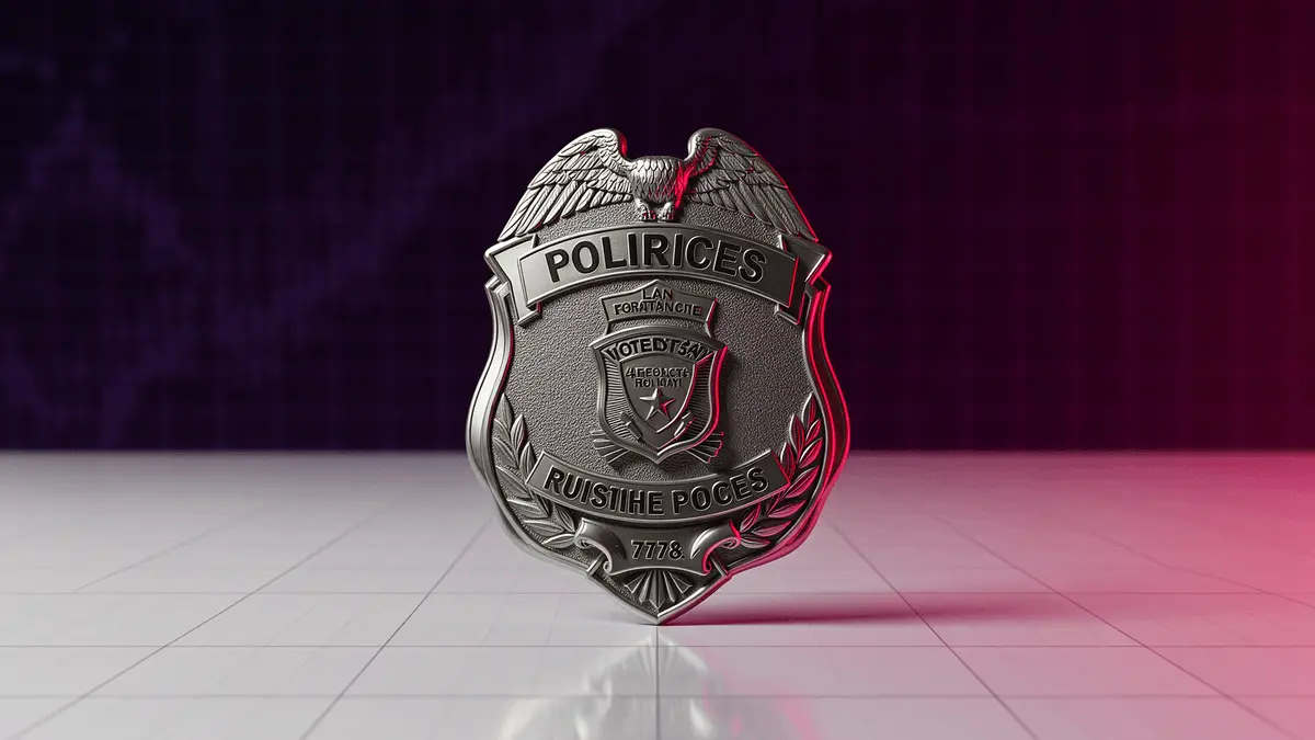 Law enforcement badge on digital surface with purple gradient lighting and grid overlay