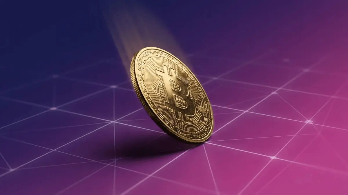 Bitcoin coin in downward trajectory through purple-magenta gradient grid representing price decline risk threshold