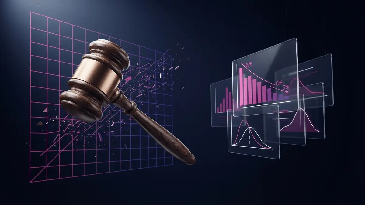 Senate gavel suspended in motion with magenta grid and declining probability graphs on dark background