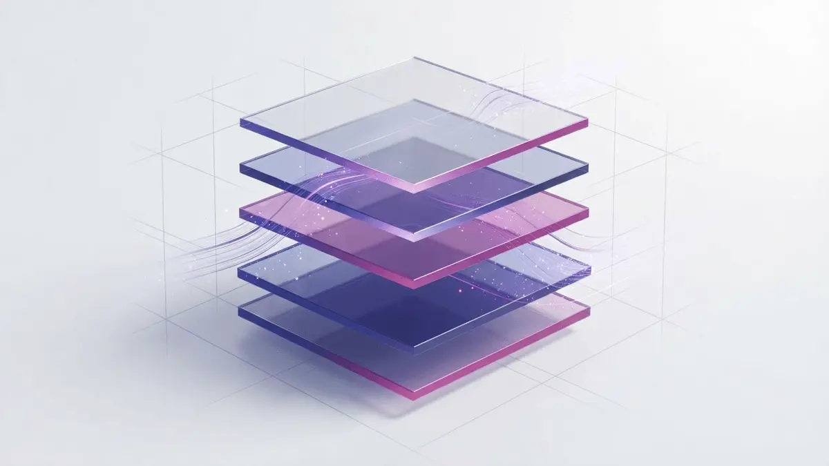 Abstract layered financial infrastructure stack with purple gradient accents on white background