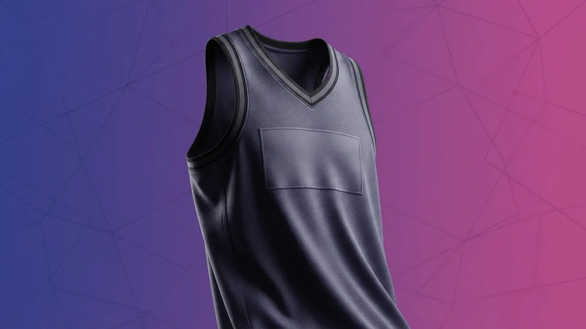 College basketball jersey with empty patch area on purple-magenta gradient background
