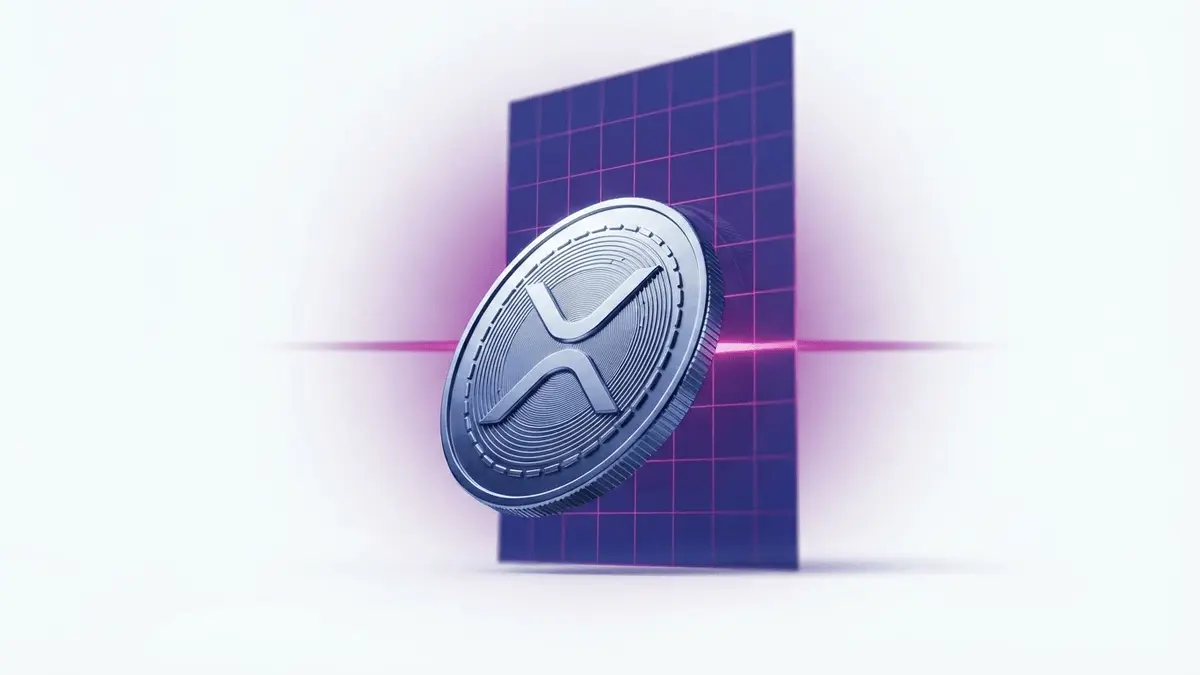 XRP cryptocurrency coin breaking through resistance with purple gradient grid background