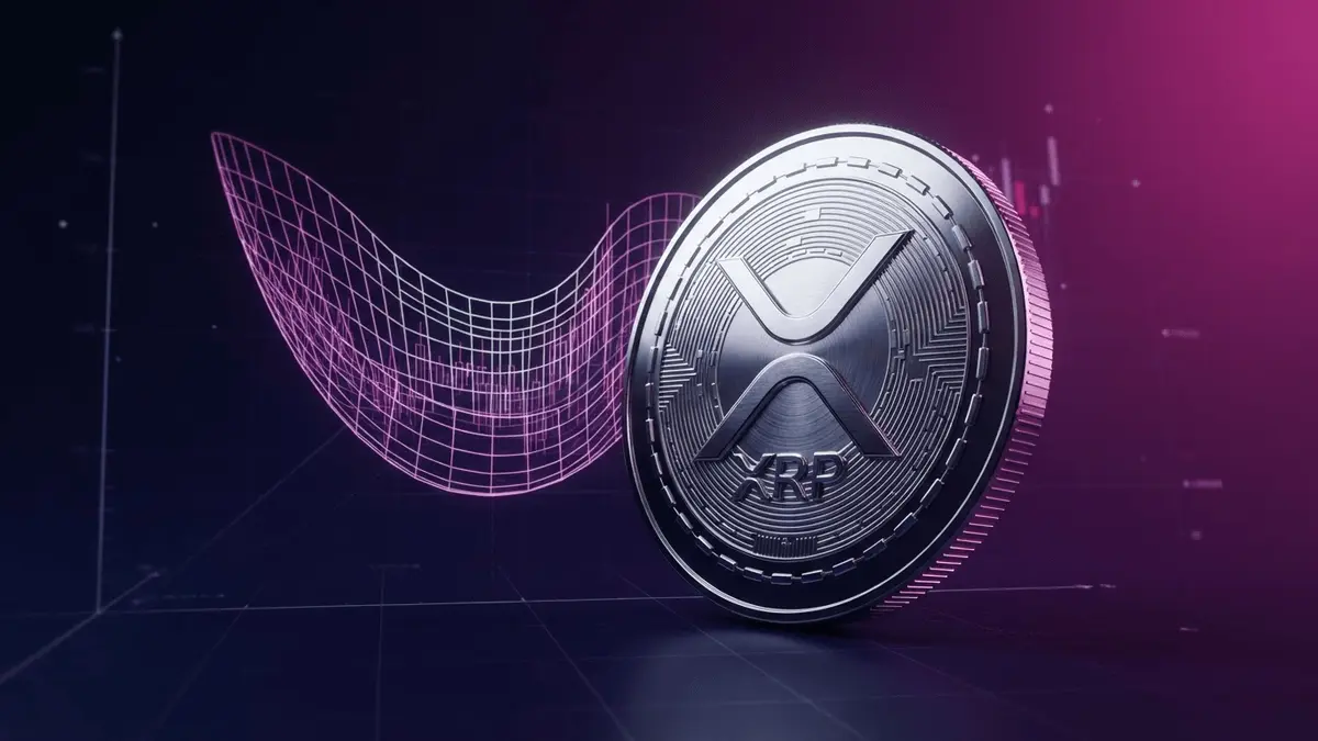 XRP cryptocurrency token with cup-and-handle chart pattern on purple and magenta gradient background