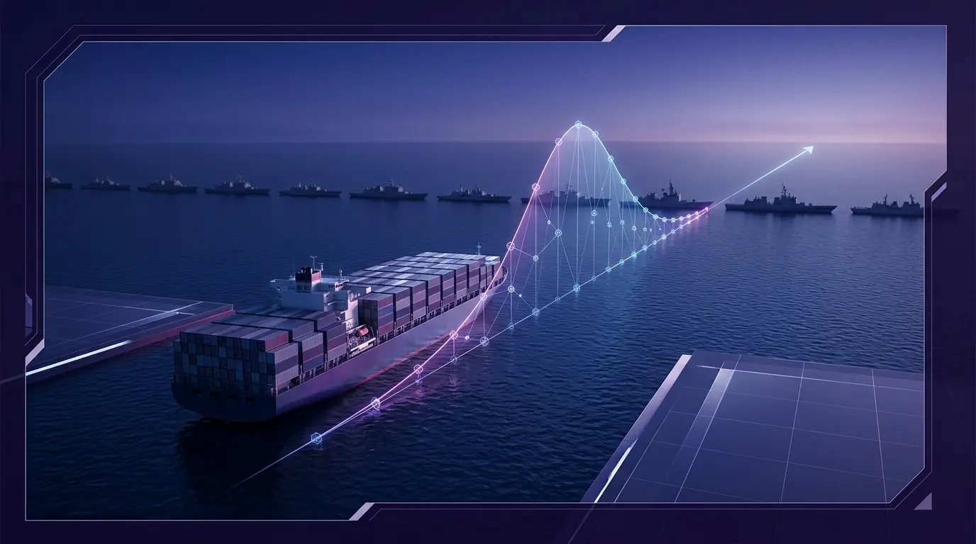 Prediction market curve rising over a container ship halted by a naval blockade at sea