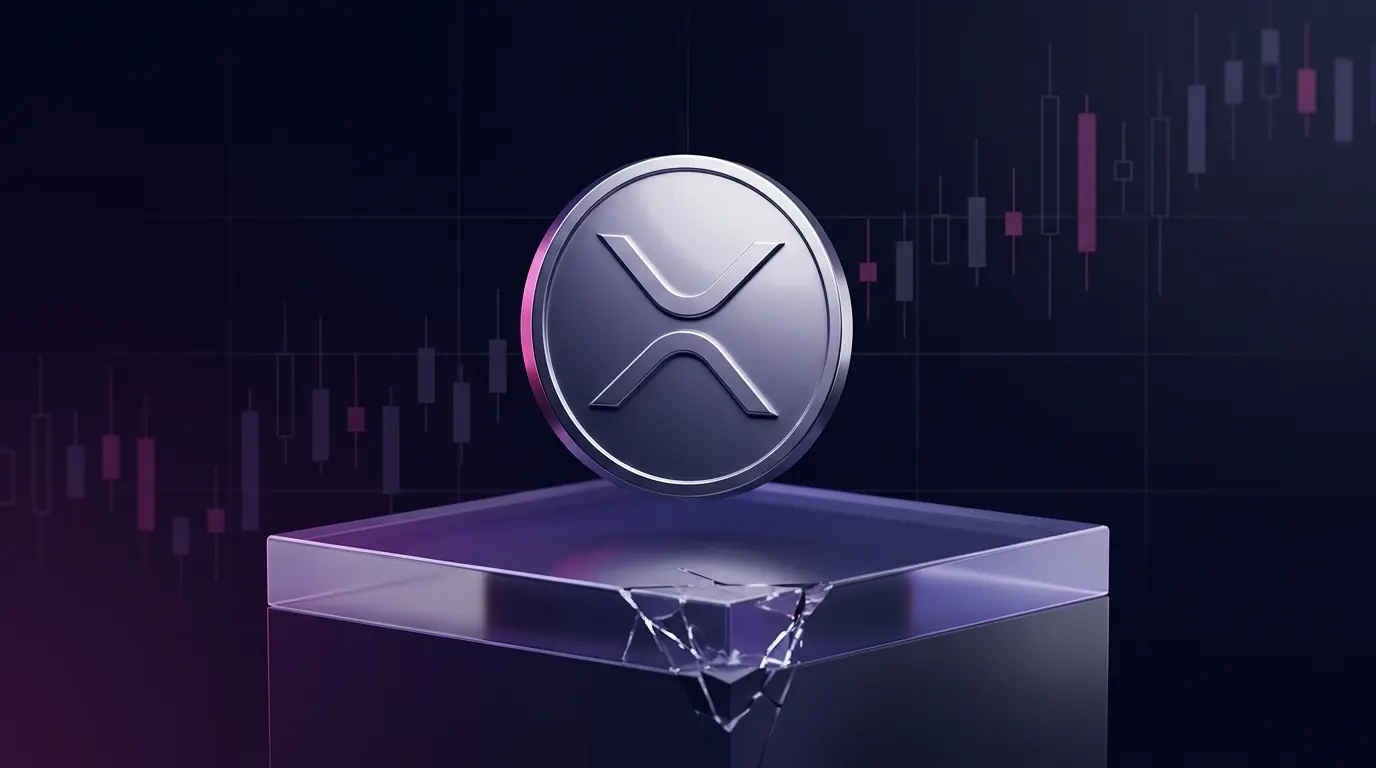 XRP-inspired coin hovering above a fractured support platform in a purple crypto market scene