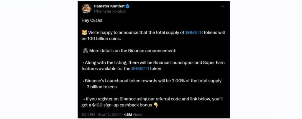 Anuncio en la cuenta de Hamster Kombat de su próximo lanzamiento
