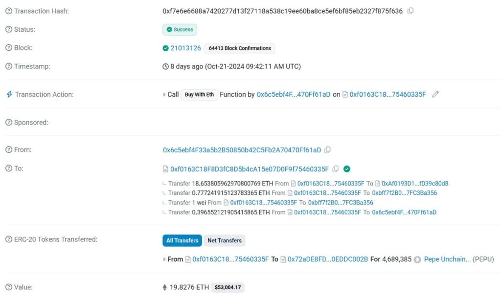 Transacción de ballena que compró $PEPU - precio de BTC