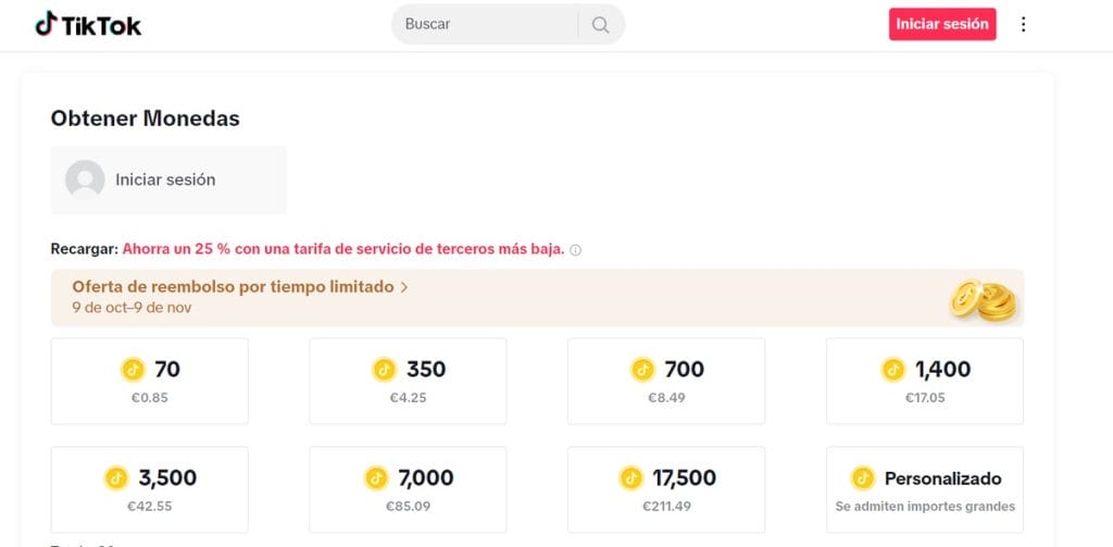 Sección de la aplicación TikTok donde figura la obtención de TikTok Coins