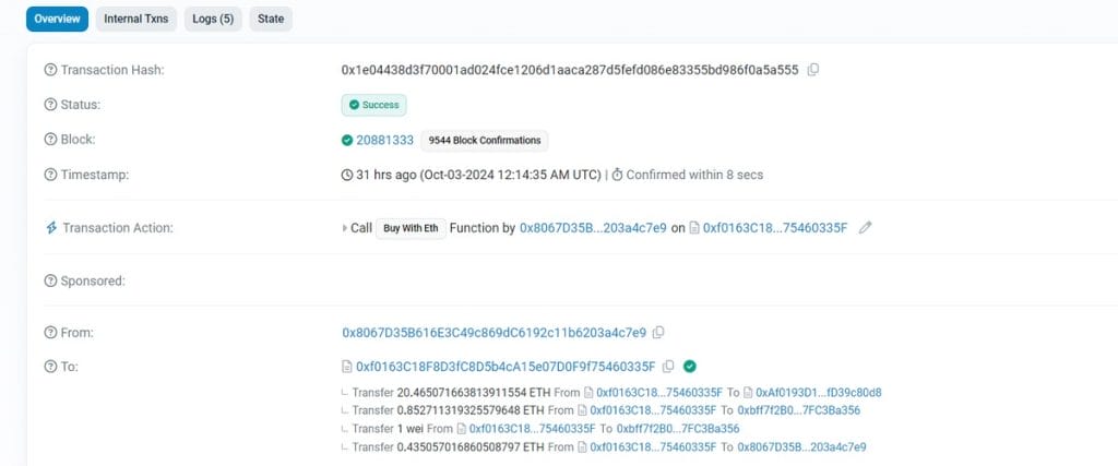 Detalle de la transacción de ballena que compró $PEPU - meme token