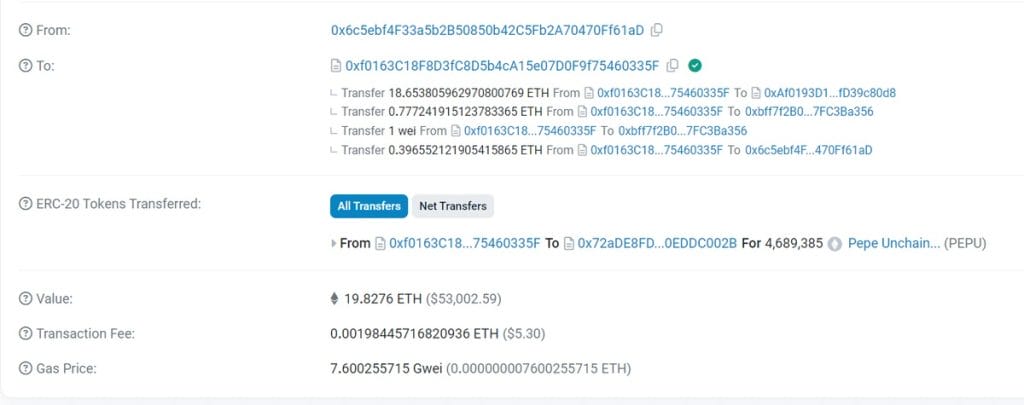 Transacción de una ballena en la compra de Pepe Unchained