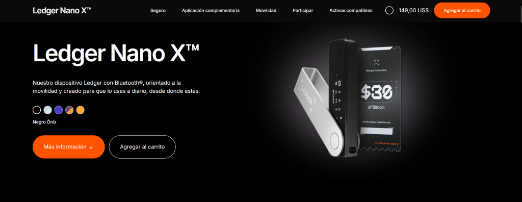 Ledger Nano X cuesta 149 dólares y viene con un bono BTC de 30 dólares.