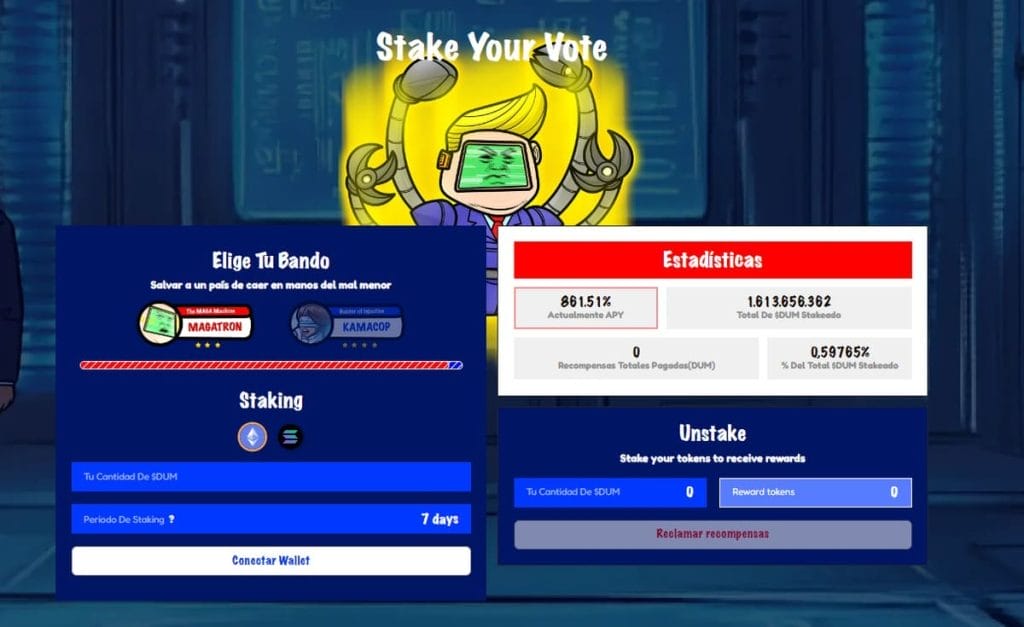 Sistema de staking y votación de $DUM, la nueva PolitiFi crypto