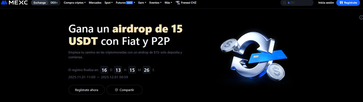 MEXC lanza promoción Fiat y P2P con airdrop de 15 USDT para nuevos usuarios europeos