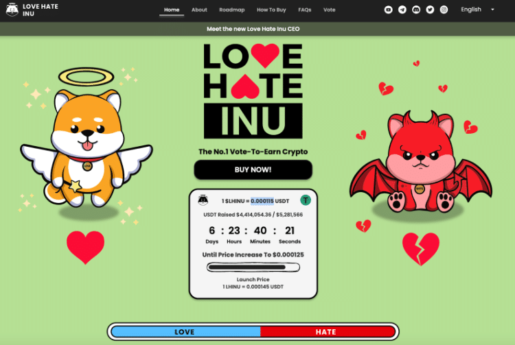 Love Hate Inu - US$ 4,4 milhões - US$ 10 mil para voto em Andrew Tate