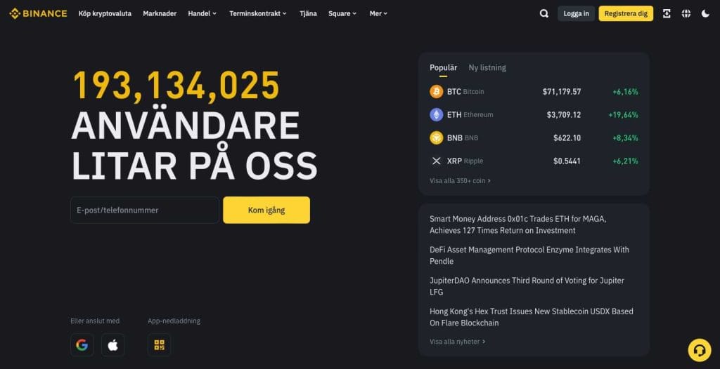 Binance kryptobörs hemsida