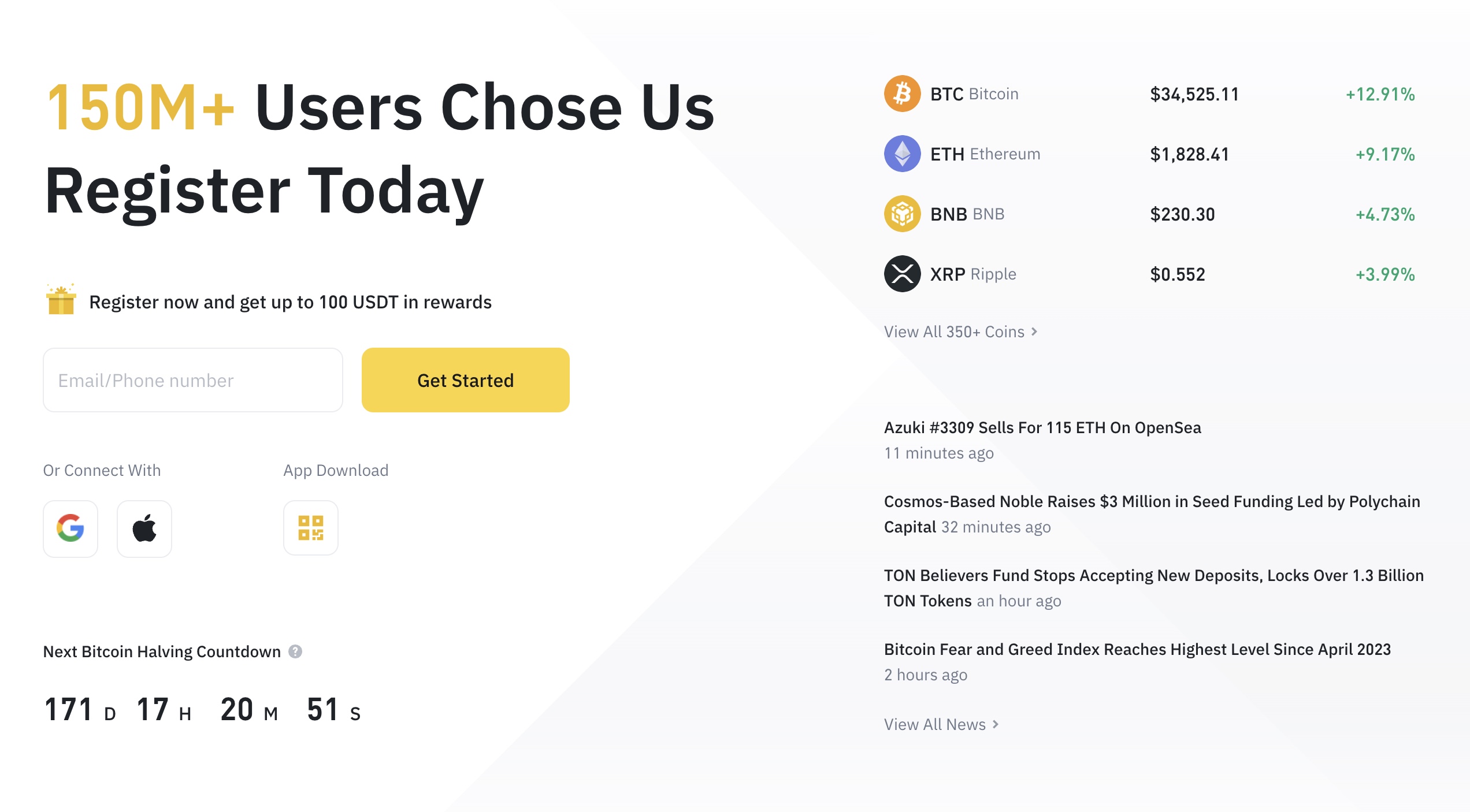 Binance hjemmeside med antall brukere på over 150 millioner