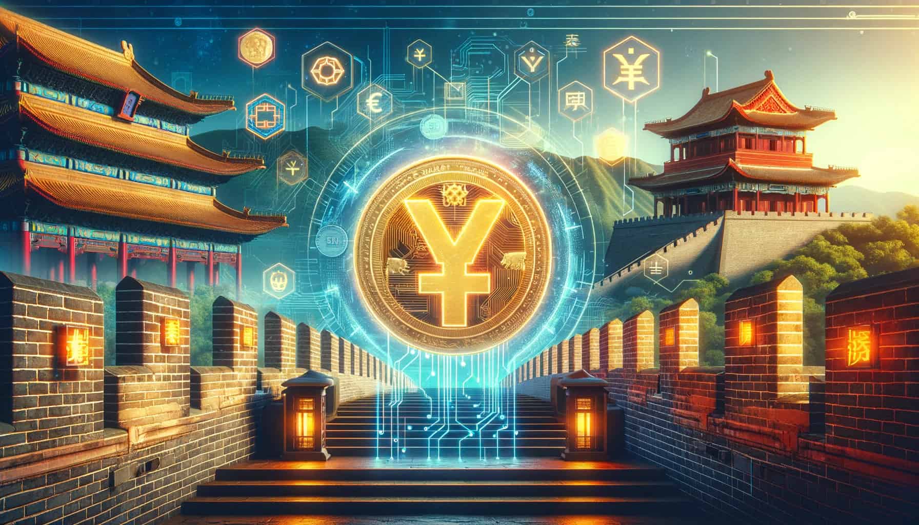 kinesisk kryptovaluta med kinesiske bygninger og en mynt