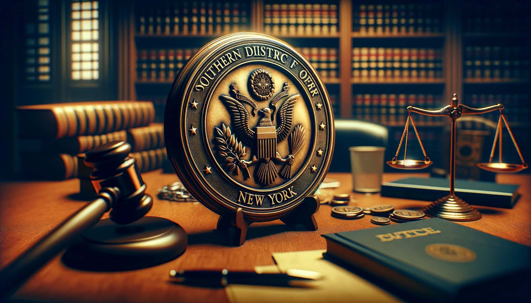 SDNYC seal on table with gavel and books