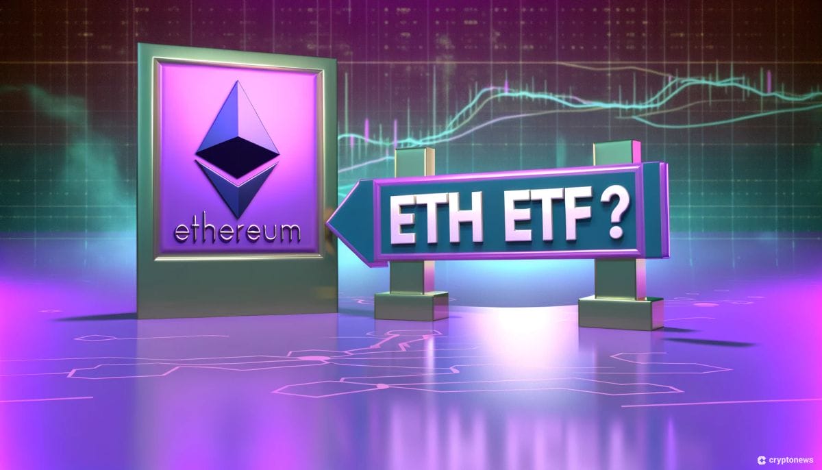 Spot Ethereum ETF -kuvituskuva, jossa tienviitta ja Ethereum-symboli.