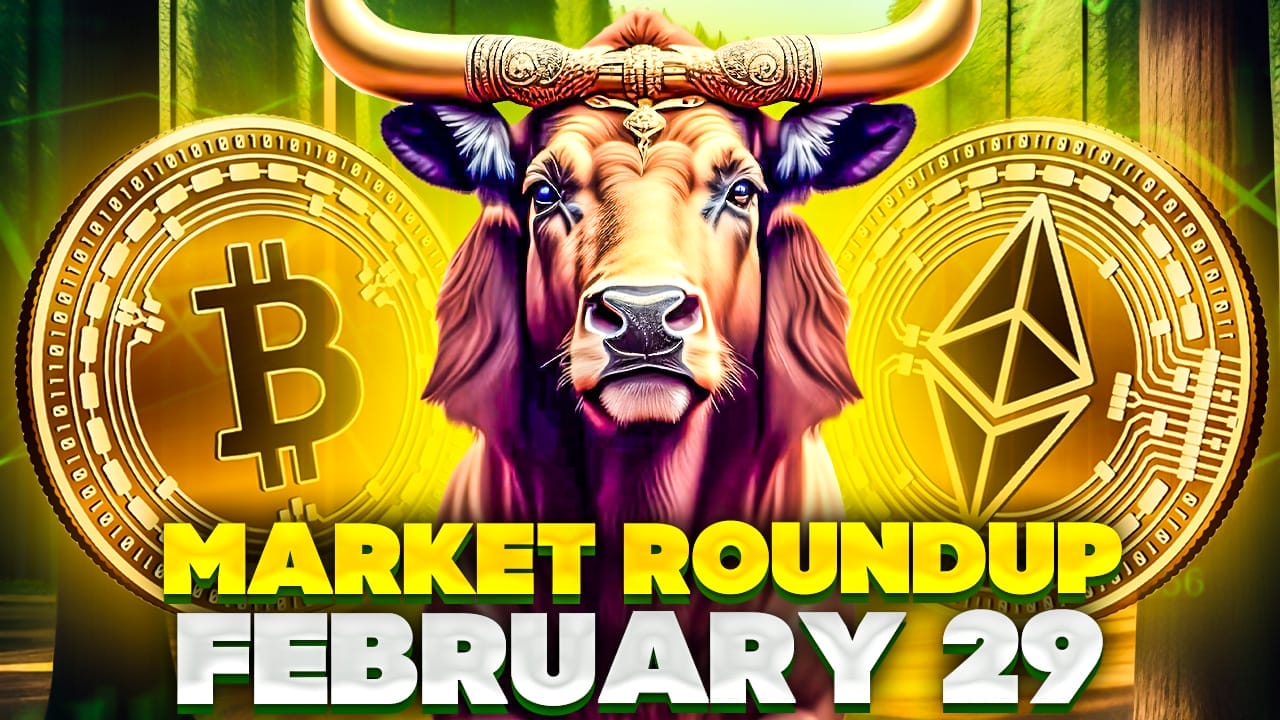 Bitcoin hintaennuste 29.2.2024 kuvituskuva, jossa härkä ja kryptovaluuttoja