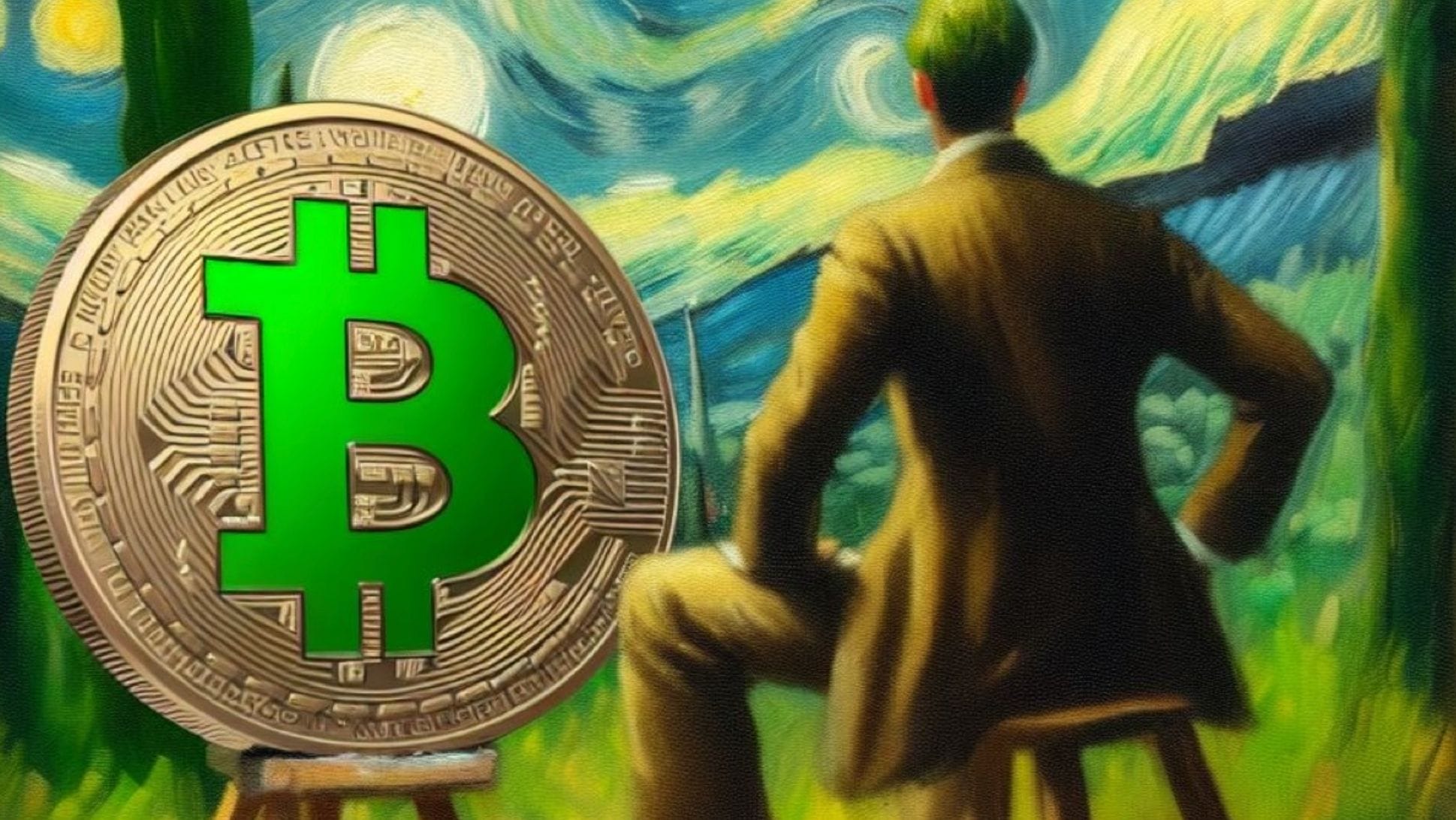 Green Bitcoin. Vincent van Gogh -henkinen maalaus, jossa maalari, green bitcoin ja starry nights -tausta.