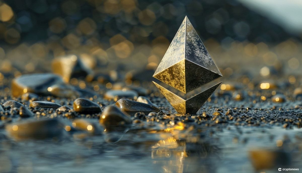 Kivinen Ethereum logo rantahietikossa.