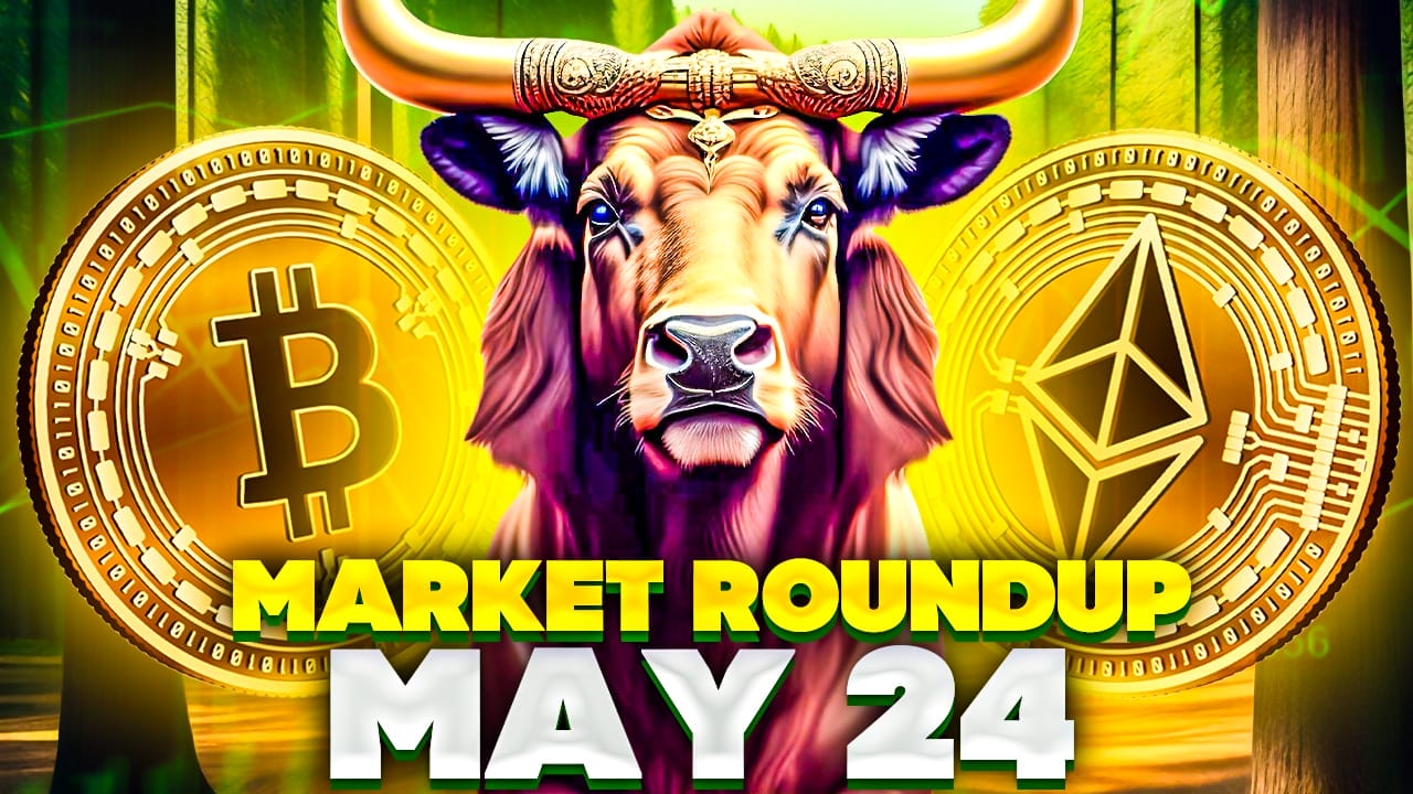 Bitcoin hintaennuste 24.5.2024 kuvituskuva, jossa härkä ja kryptovaluuttoja