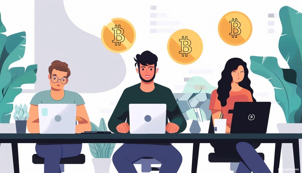 Palkka halutaan yhä useammin kryptovaluuttana freelancereiden piirissä. Piirretyssä uvituskuvassa diginomadeja pöydän äärellä.