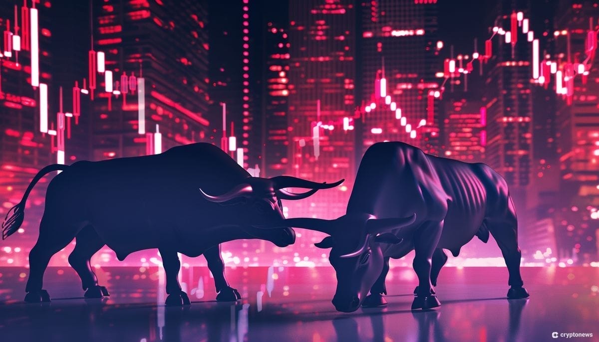 Bitcoin etf kuvituskuvassa kaksi härkää ja pörssikäyriä.