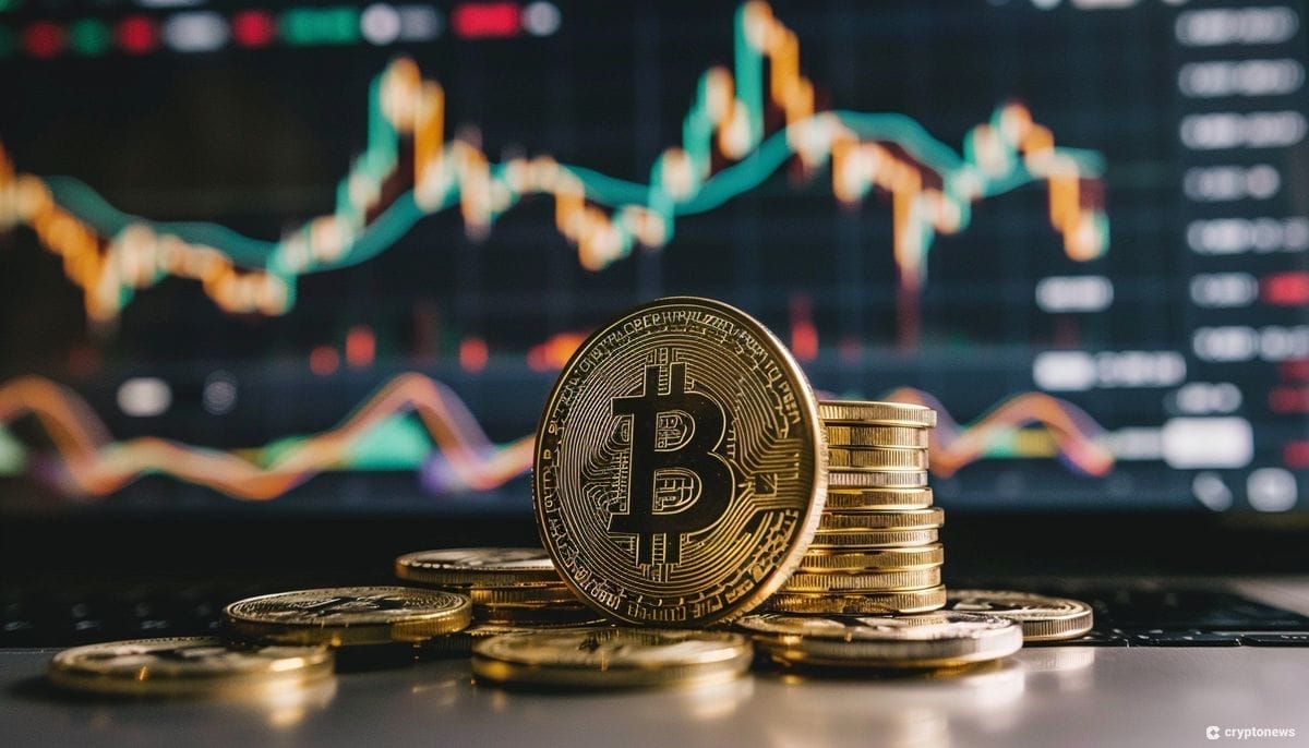 Bitcoin kolikoita ja kurssikäyriä.