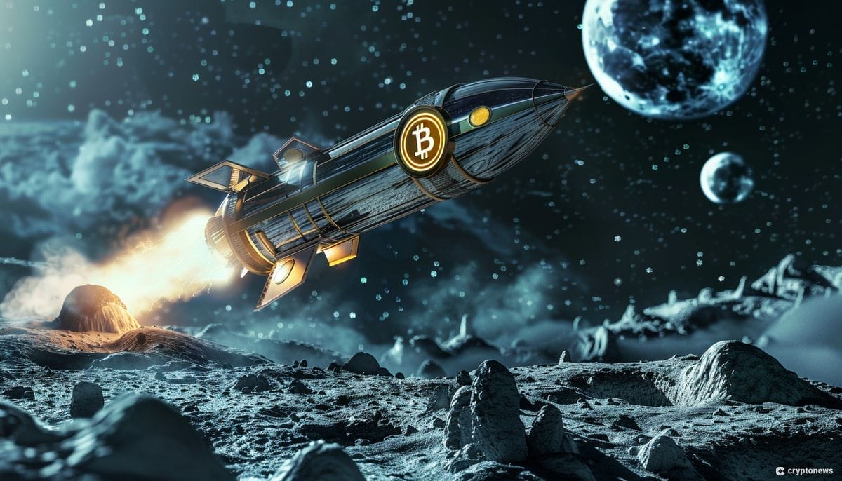 Bitcoin raketti lentää avaruudessa.