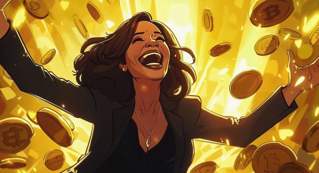 Kamala Harris piirrettynä kryptovaluuttasateessa.
