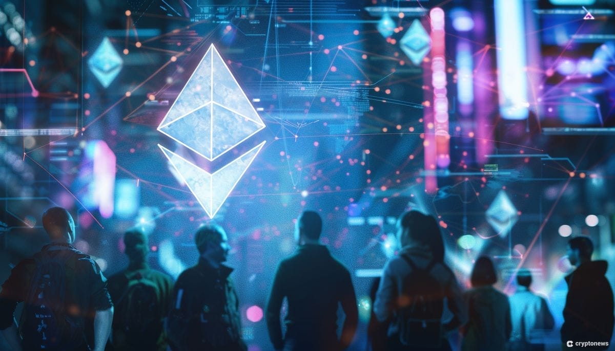 Ethereum kuvituskuvassa Ethereum-logo ja ihmisten siluetteja.