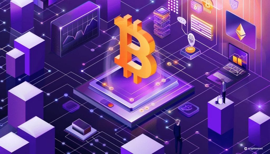 Bitcoin logo piirilevyn päällä.