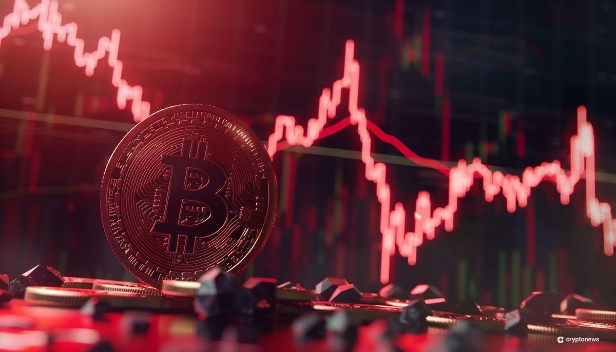 Punainen Bitcoin kurssikäyrä alamäessä.