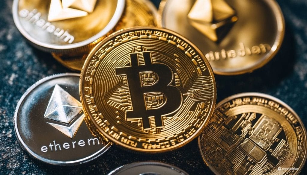 Spot Bitcoin ETF -kuvituskuvassa bitcoin- ja ethereum-kolikoita.
