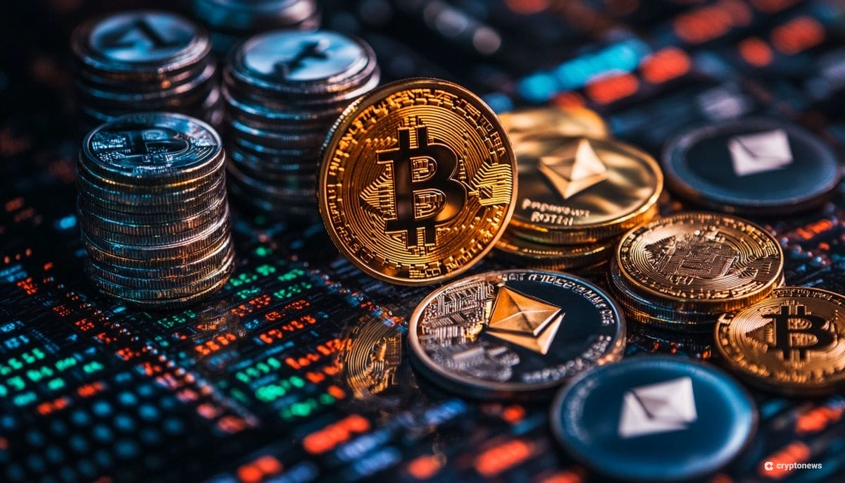 Kryptomarkkinat kuvituskuvassa bitcoineja ja ethereitä.